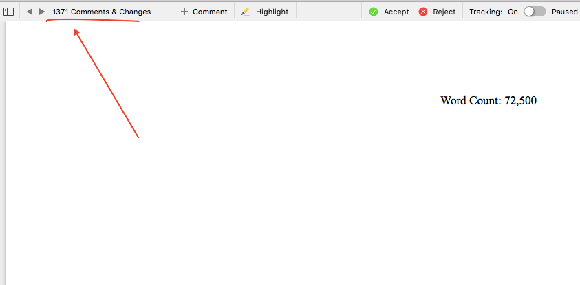 Screenshot of a track changes window in a word document. A red arrow and underline highlight the section of the screen reading "1,371 Comments and Changes"