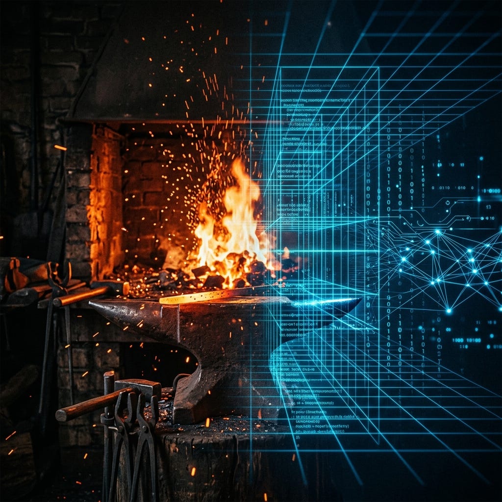 The Forge and the Grid: An abstract visual representation merging a glowing hot blacksmith's forge with a cool digital grid and neural pathways The Forge and the Grid: An abstract visual representation merging a glowing hot blacksmith's forge with a cool digital grid and neural pathways