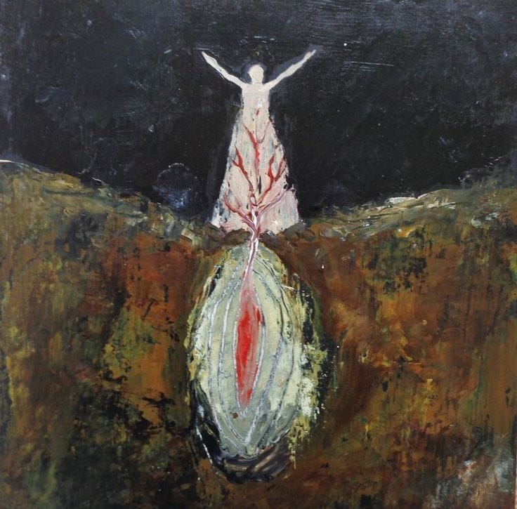 This may contain: a painting of a woman standing on top of a hill with her arms outstretched in the air