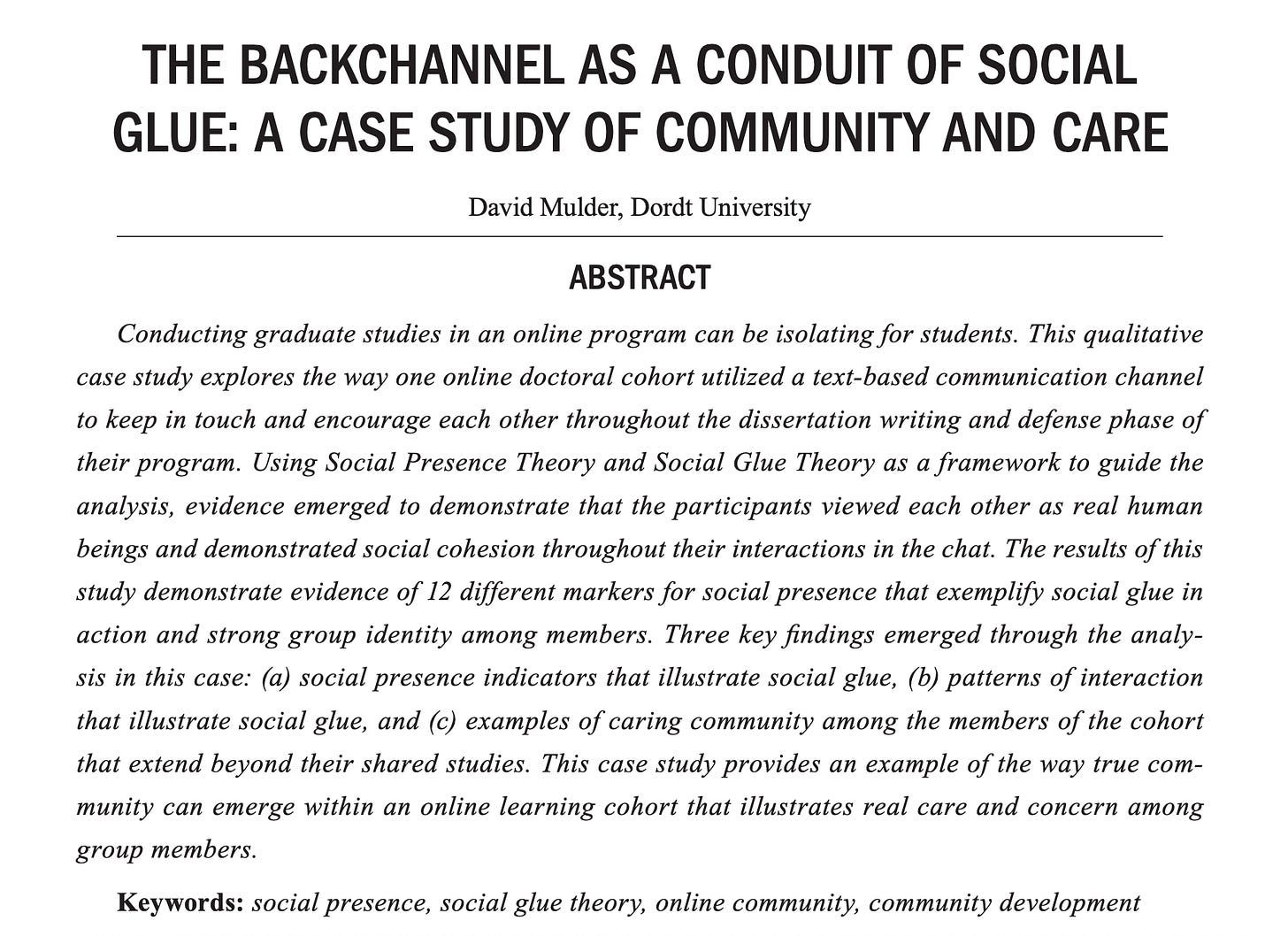 A screenshot of the title and abstract of Dr. Dave's recent article: "The Backchannel as a Conduit of Social Glue"