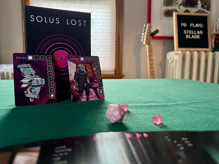 Solus: Lost, a card drawing, sci-fi, boss battler. The box is all black with pink design flourishes.