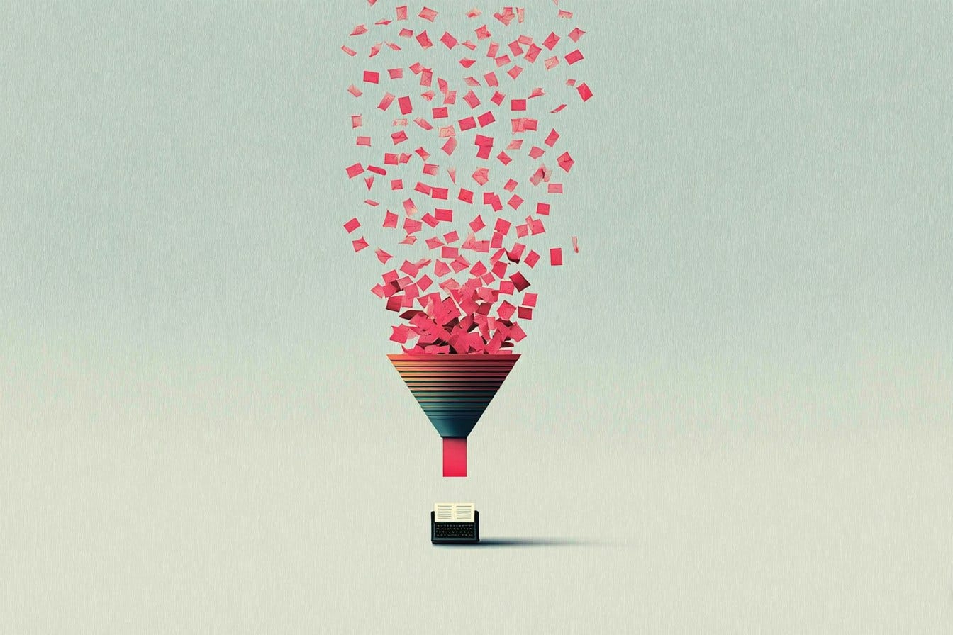 illustration of a funnel with papers flying out of it