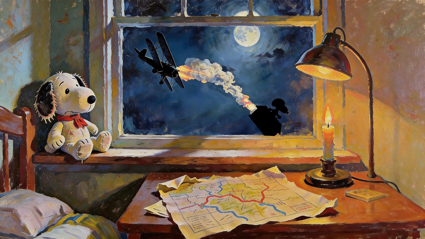A nocturnal oil painting with chiaroscuro lighting, depicting a child's bedroom at night. A worn Snoopy plush toy with a red scarf sits on a windowsill, expression downcast, watching through the window as two WWI biplanes engage in a moonlit dogfight. One plane fires on the other; the stricken aircraft spirals downward in flames, its silhouetted pilot — Snoopy atop his doghouse — visible in the smoke. On the desk below, a hand-drawn map is spread open in the warm glow of a candle and a brass desk lamp. A nocturnal oil painting with chiaroscuro lighting, depicting a child's bedroom at night. A worn Snoopy plush toy with a red scarf sits on a windowsill, expression downcast, watching through the window as two WWI biplanes engage in a moonlit dogfight. One plane fires on the other; the stricken aircraft spirals downward in flames, its silhouetted pilot — Snoopy atop his doghouse — visible in the smoke. On the desk below, a hand-drawn map is spread open in the warm glow of a candle and a brass desk lamp.