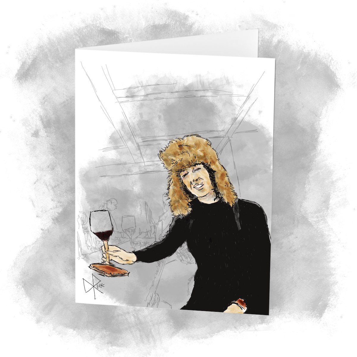 A woman wearing a fuzzy hat with earflaps is seated at a bar, toying with a glass of red wine. Sketch art by Don Rice.