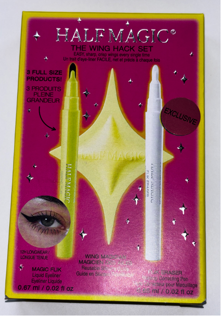 Packaging for the Half Magic Wing Hack Set including the Magic Flik liquid eyeliner and Flik Eraser makeup correcting pen. Packaging for the Half Magic Wing Hack Set including the Magic Flik liquid eyeliner and Flik Eraser makeup correcting pen.