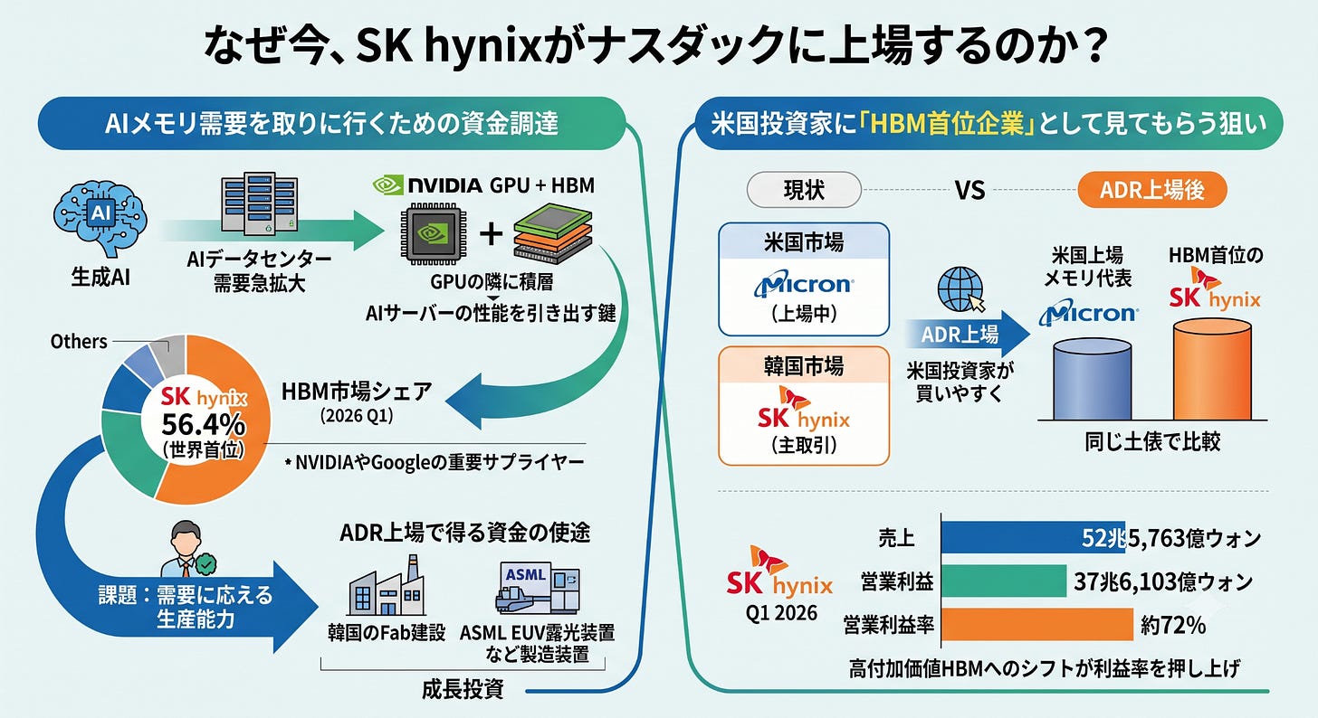 インフォグラフィック：なぜSK hynixは今ナスダックに上場するのか？AIメモリ（HBM）需要と米国投資家の評価向上のためのADR上場を説明。