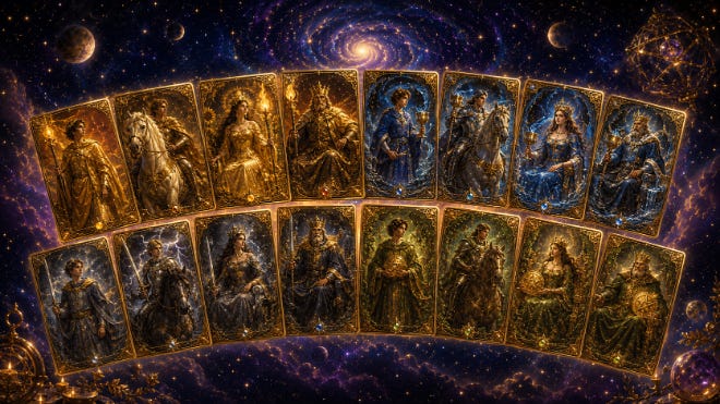 The sixteen tarot court cards arranged in two curved rows, Pages, Knights, Queens and Kings, rendered in gold against a starfield.