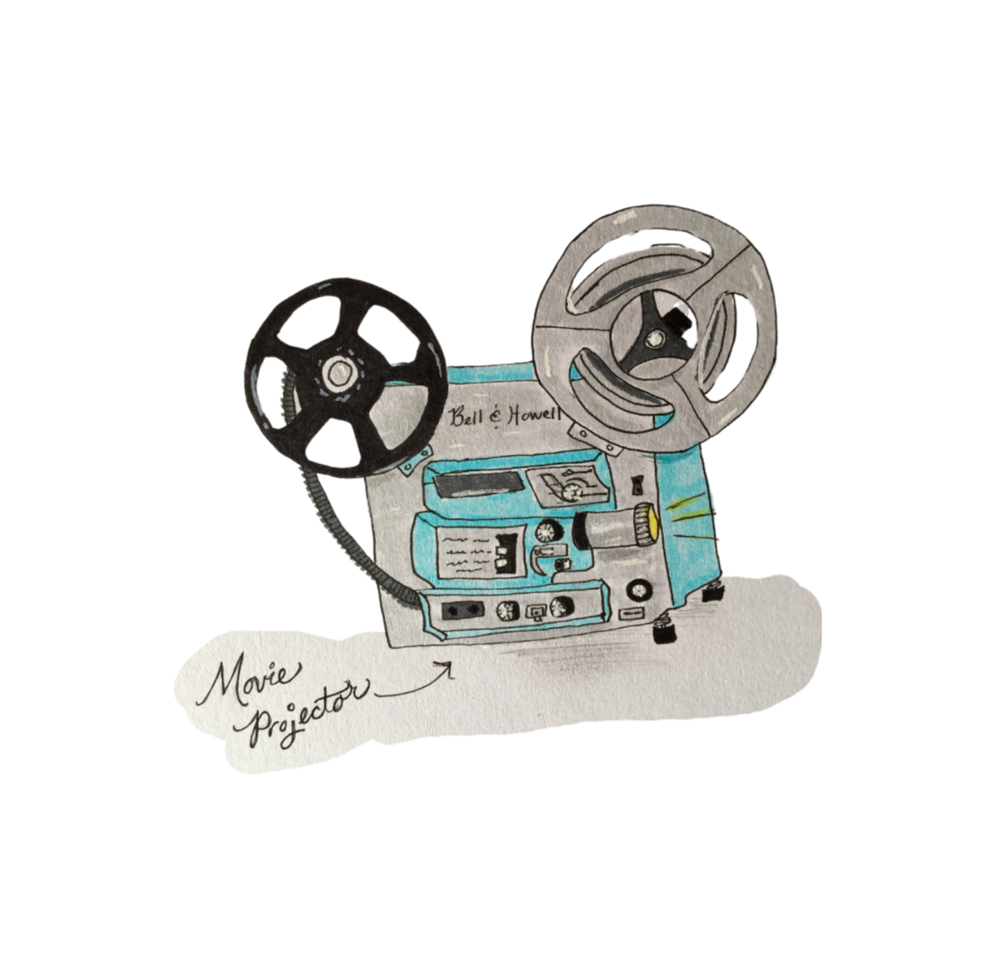 Illustration of a 1980’s movie projector. It has two big wheels attached to a machine with a lens that you put the movie reels onto and it plays the pictures onto the screen. The machine in this illustration is gray and light blue Illustration of a 1980’s movie projector. It has two big wheels attached to a machine with a lens that you put the movie reels onto and it plays the pictures onto the screen. The machine in this illustration is gray and light blue