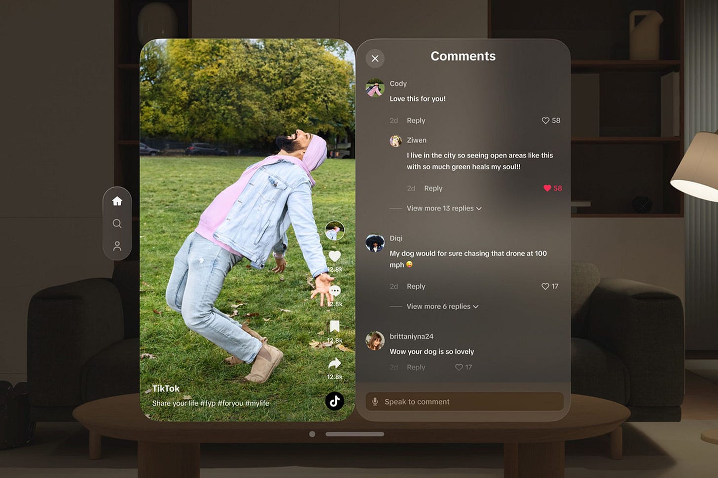 TikTok video on the vision pro with comments visible. TikTok video on the vision pro with comments visible.