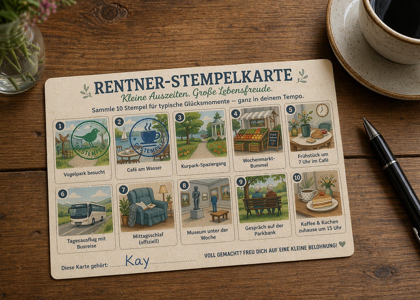 Eine illustrierte Stempelkarte im Vintage-Stil liegt auf einem Holztisch, daneben eine Tasse Kaffee, ein Stift und eine kleine Vase. Die Karte trägt den Titel „Rentner-Stempelkarte" mit dem Untertitel „Kleine Auszeiten. Große Lebensfreude." Darunter steht: „Sammle 10 Stempel für typische Glücksmomente – ganz in deinem Tempo." Die zehn Felder zeigen illustrierte Alltagsmomente: Vogelpark besucht, Café am Wasser, Kurpark-Spaziergang, Wochenmarkt-Bummel, Frühstück um 7 Uhr im Café, Tagesausflug mit Busreise, Mittagsschlaf (offiziell), Museum unter der Woche, Gespräch auf der Parkbank, Kaffee & Kuchen zuhause um 15 Uhr. Zwei Felder sind bereits abgestempelt. Am unteren Rand steht: „Diese Karte gehört: Kay" sowie der Hinweis „Voll gemacht? Freu dich auf eine kleine Belohnung!" Eine illustrierte Stempelkarte im Vintage-Stil liegt auf einem Holztisch, daneben eine Tasse Kaffee, ein Stift und eine kleine Vase. Die Karte trägt den Titel „Rentner-Stempelkarte" mit dem Untertitel „Kleine Auszeiten. Große Lebensfreude." Darunter steht: „Sammle 10 Stempel für typische Glücksmomente – ganz in deinem Tempo." Die zehn Felder zeigen illustrierte Alltagsmomente: Vogelpark besucht, Café am Wasser, Kurpark-Spaziergang, Wochenmarkt-Bummel, Frühstück um 7 Uhr im Café, Tagesausflug mit Busreise, Mittagsschlaf (offiziell), Museum unter der Woche, Gespräch auf der Parkbank, Kaffee & Kuchen zuhause um 15 Uhr. Zwei Felder sind bereits abgestempelt. Am unteren Rand steht: „Diese Karte gehört: Kay" sowie der Hinweis „Voll gemacht? Freu dich auf eine kleine Belohnung!"
