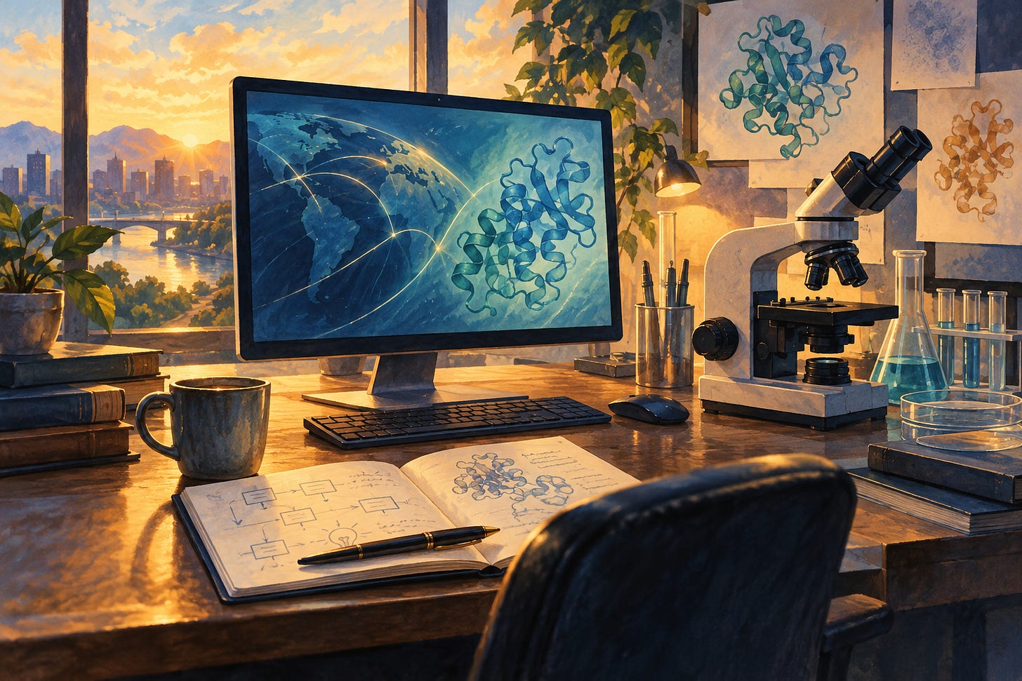 Original illustration combining a commercial computer workspace and a biomedical research bench.