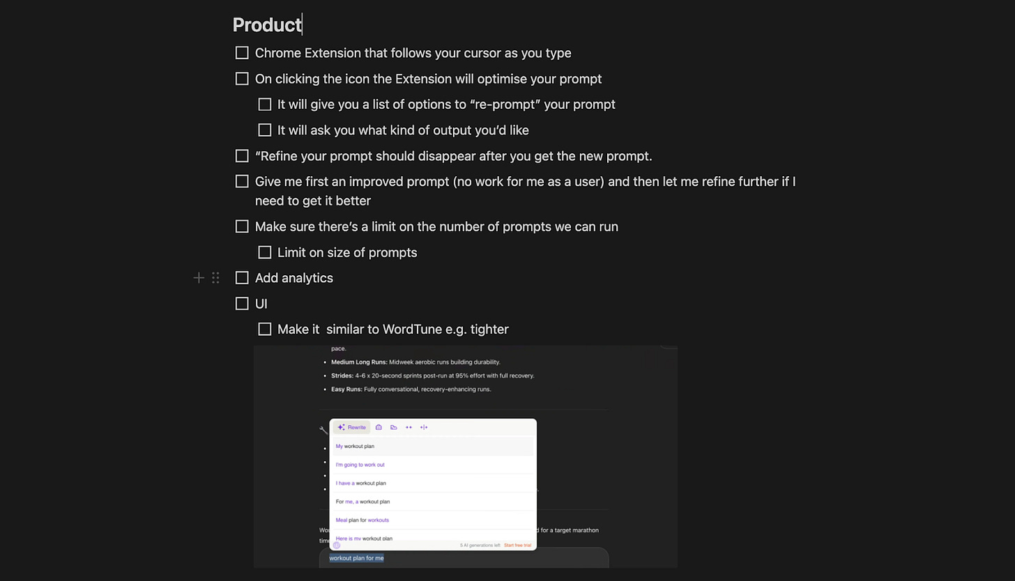 Notion page with MVP tasks