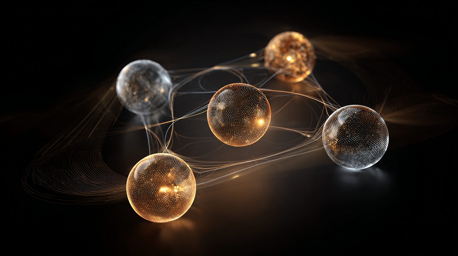 Five interconnected glowing orbs arranged in a pentagon, representing core directing capabilities, connected by flowing lines of light against a dark background.