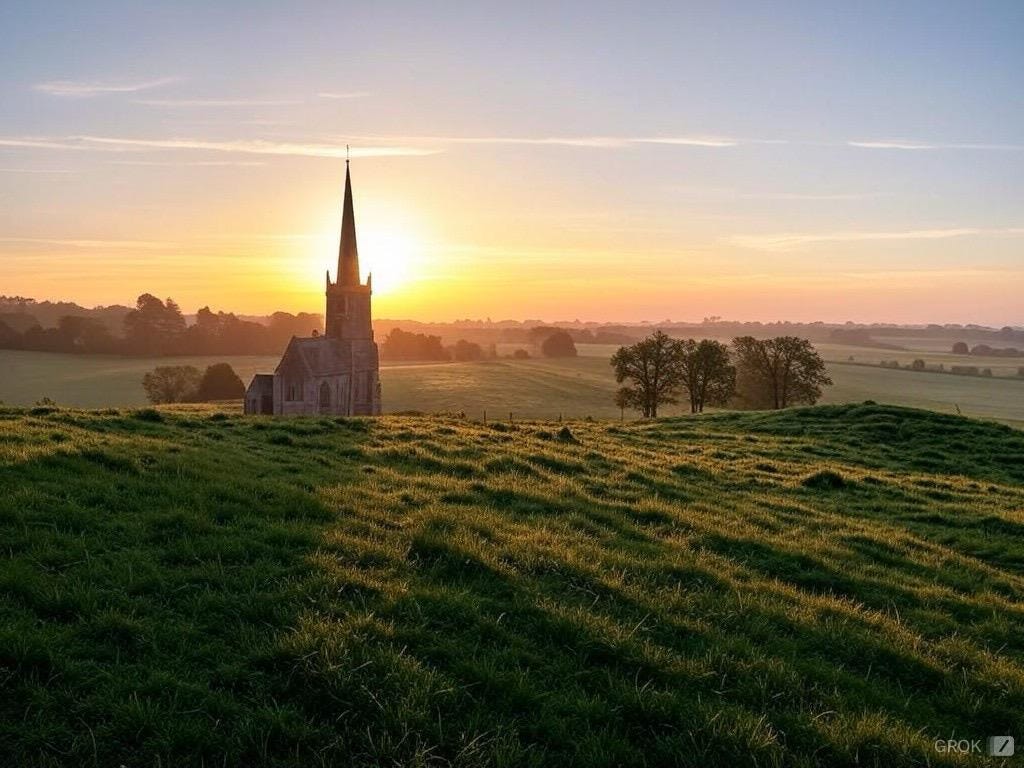 Sunrise over a picturesque English countryside, symbolising hope, renewal, and the enduring beauty of the nation’s heritage