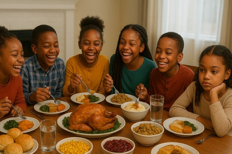 Six kids sit at a Thanksgiving table. One of the six is bored while the others laugh and eat.