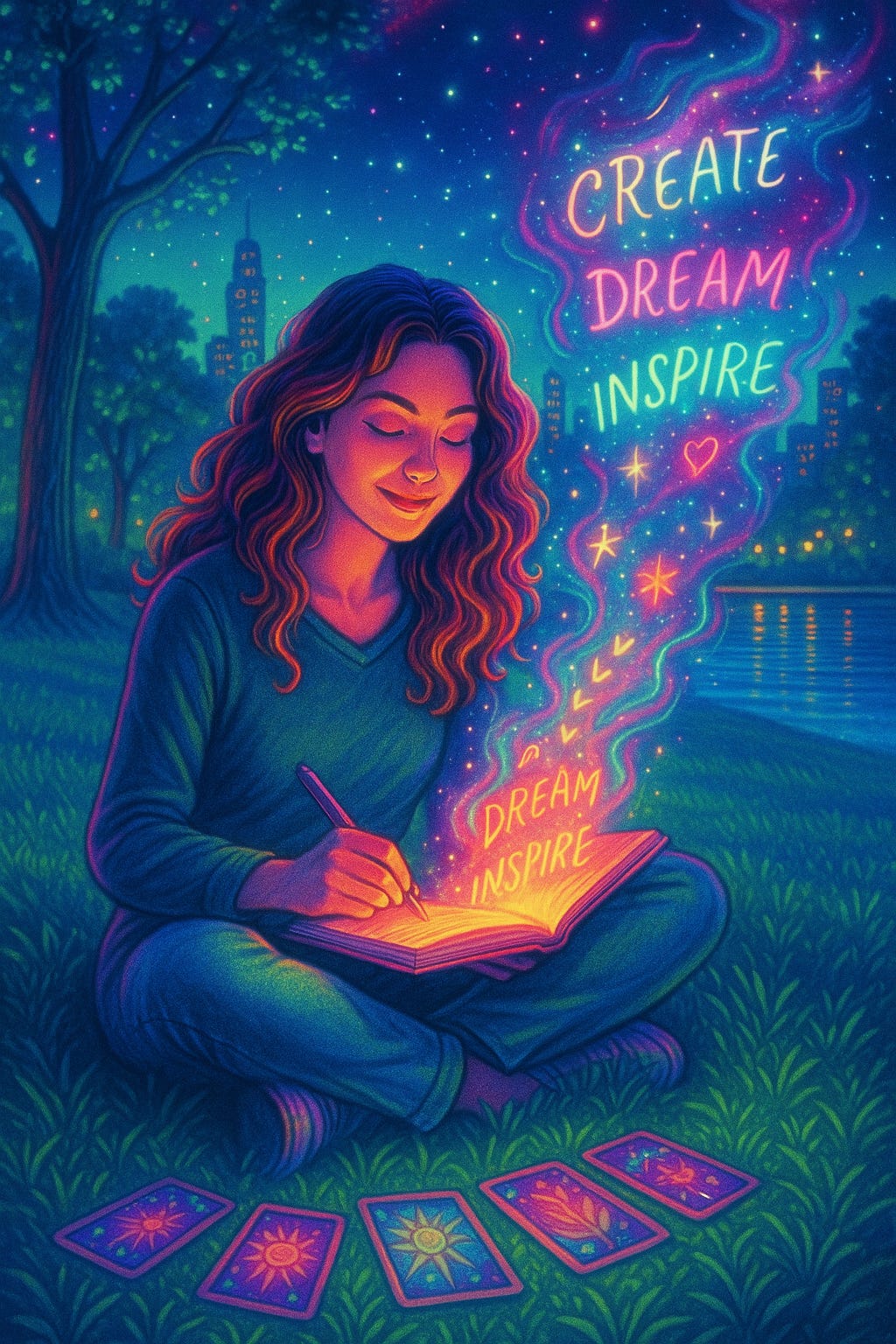 Illustration of a woman journaling in a park at night surrounded by oracle cards, glowing rainbow words “Create, Dream, Inspire” rising into the starry sky above a city skyline.