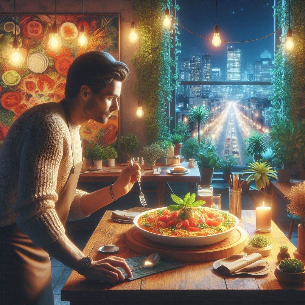 27-year old ukranian man inside a restaurant looking at a single large ravioil, plants on the walls, warm lights, digital art