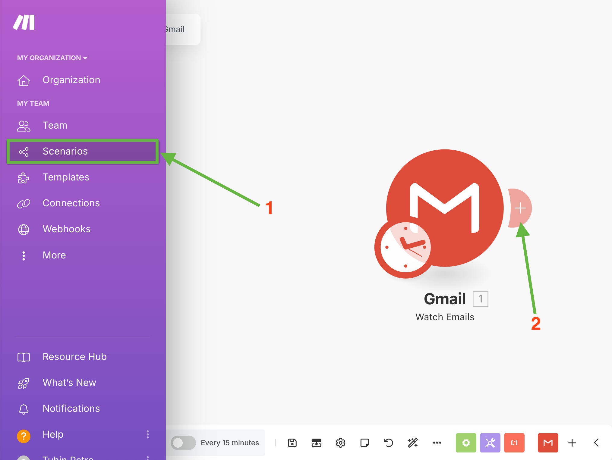 Make.com interface showing the "+" button after the Gmail module