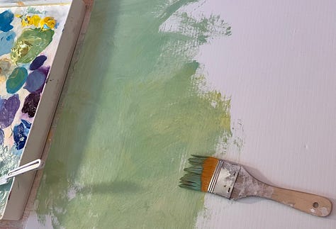 Stencil, gesso and ArtGuard, color testing and the first coat of paint.