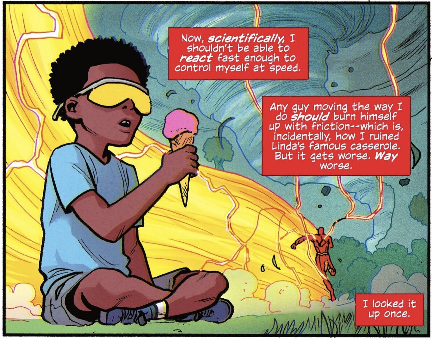 Comic panel of Wally West explaining that moving at extreme speed would cause intense heating and friction-like effects, highlighting the physics limits of super speed.
