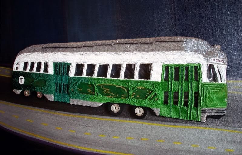 Beaded Boston trolley train MBTA T citgo sign pop art artist lone beader kenmore square city gas price Beaded Boston trolley train MBTA T citgo sign pop art artist lone beader kenmore square city gas price