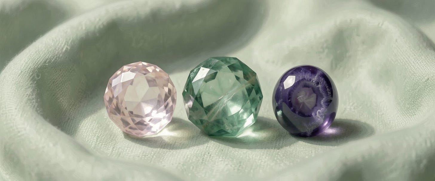 A Rose Quartz gem, a Green Aventurine gem and a Rhodonite gem carefully put on a light green cloth.