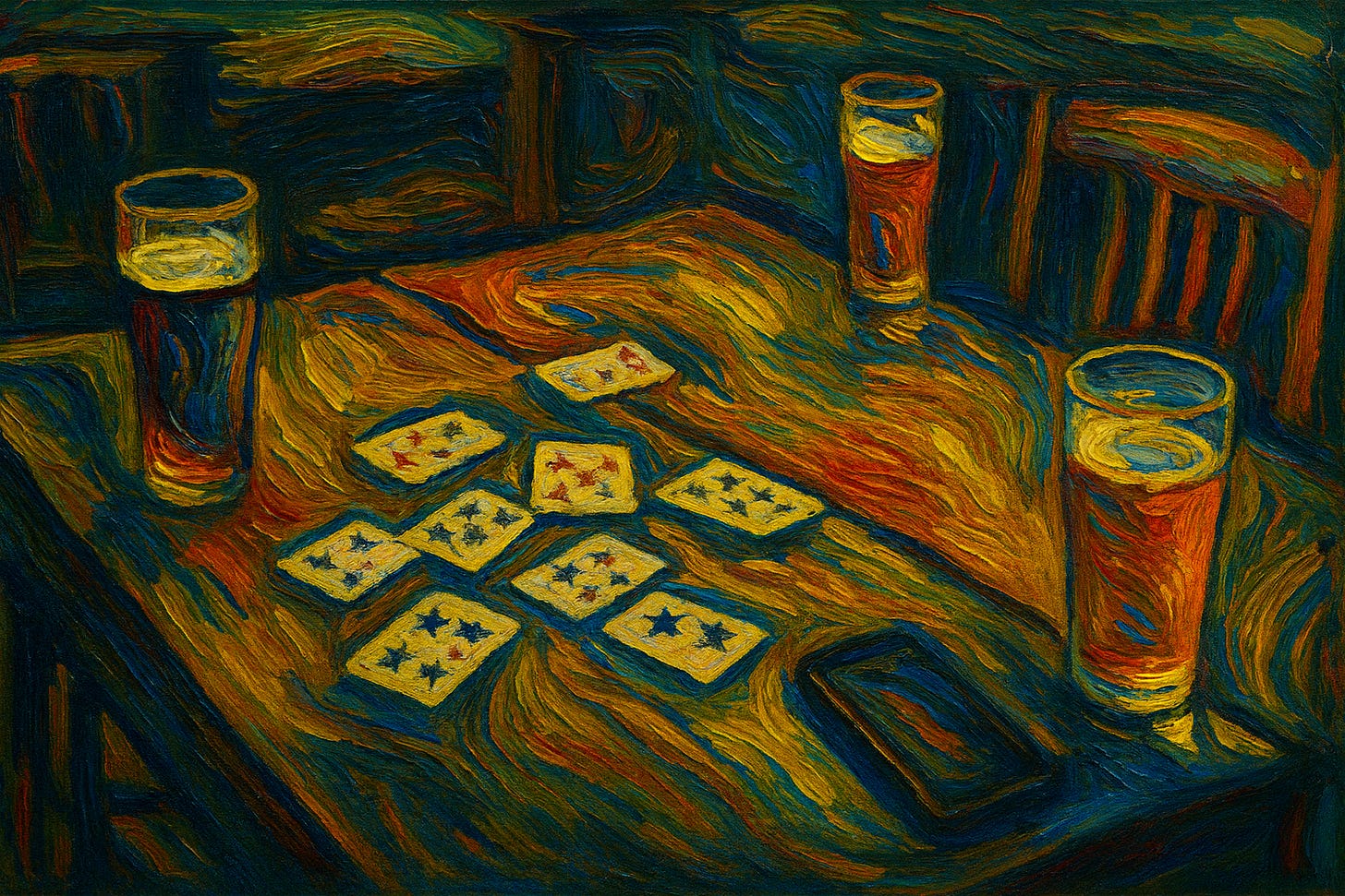 Expressionist painting of a wooden pub table with three pints of beer, scattered star-marked playing cards, and a dark smartphone. Swirling strokes of amber, gold, and deep blue create a moody, surreal atmosphere.