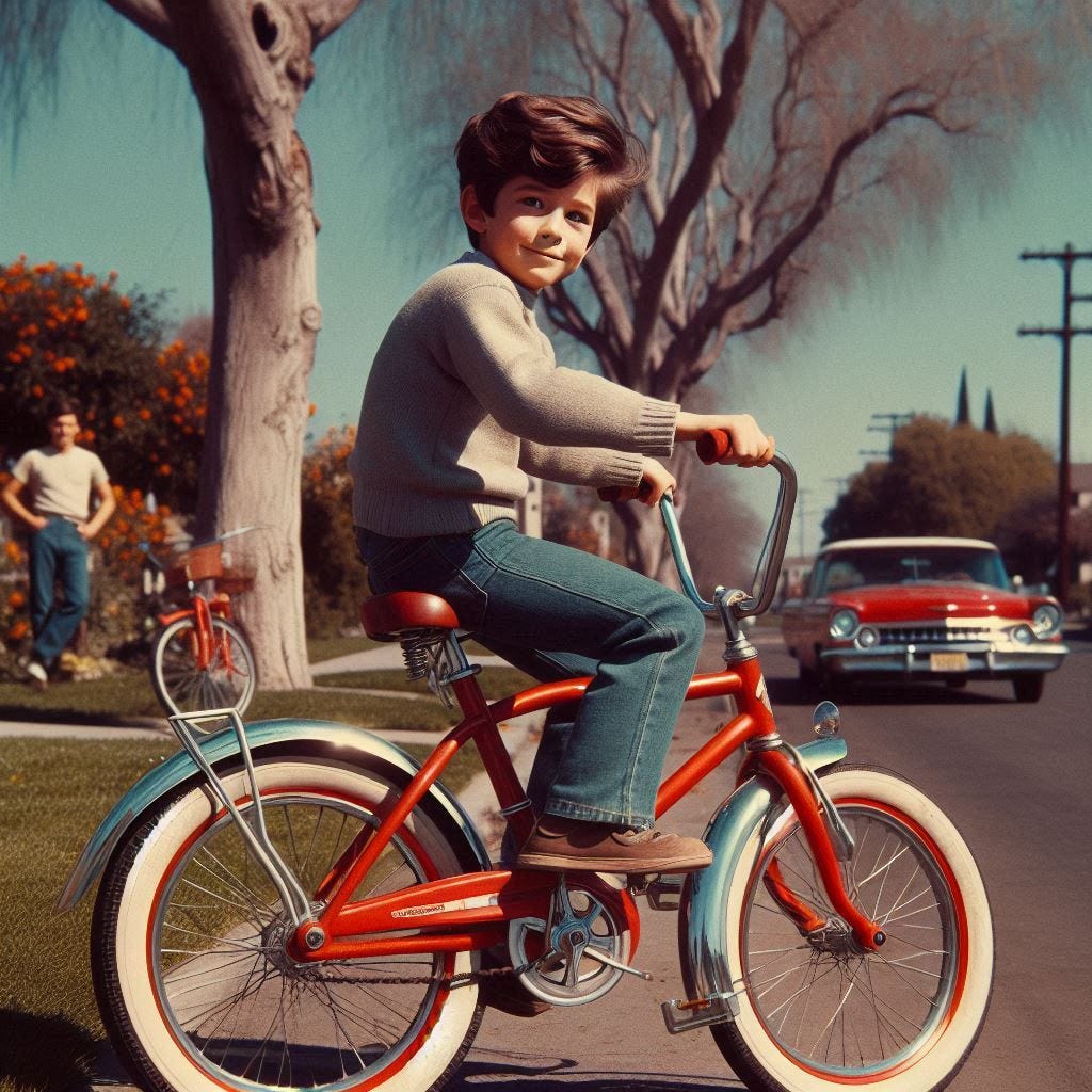 An eight-year-old white boy with dark brown hair riding a red Schwinn bicycle in San Jose, California in 1966