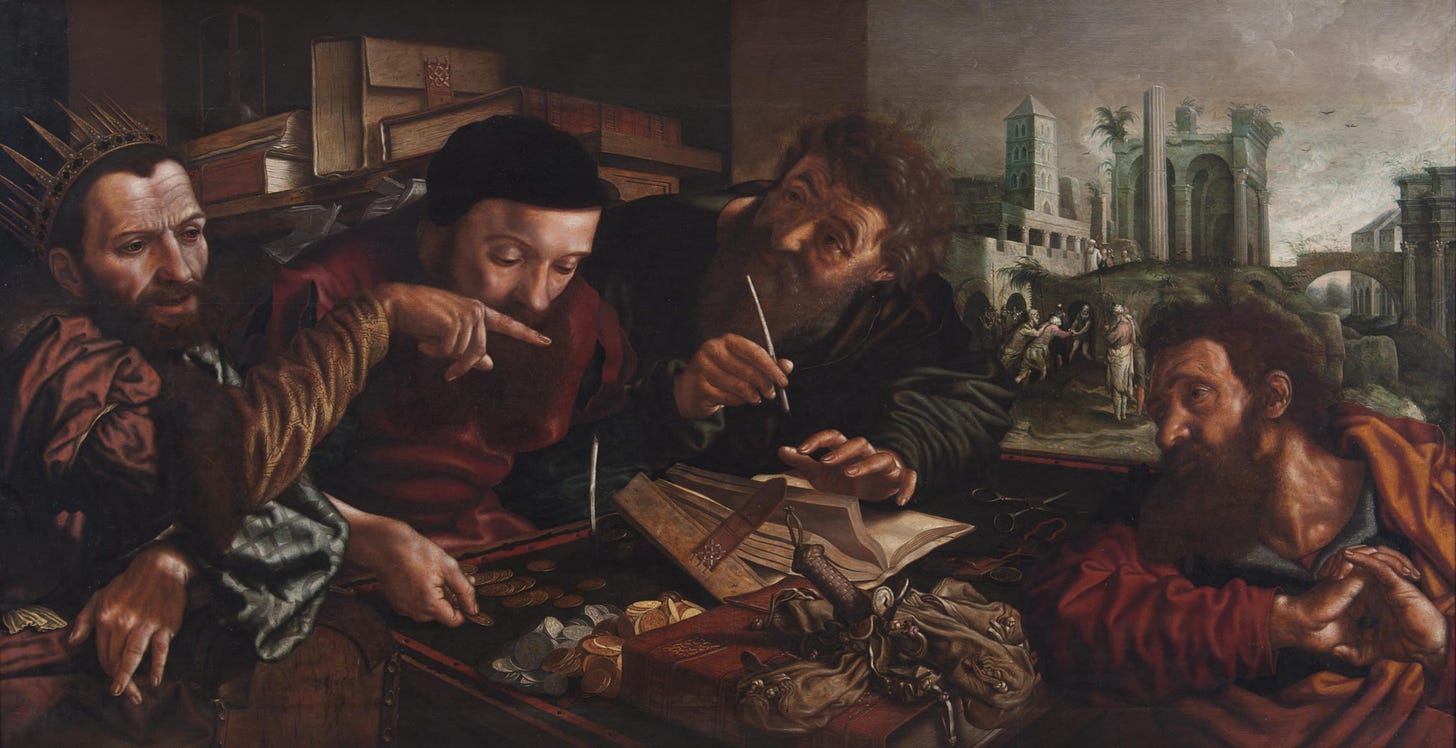 A crowned king at a counting table covered in coins, ledgers and money bags points across it at a bearded servant, while two clerks look on and a scuffle plays out in the walled city behind them. A crowned king at a counting table covered in coins, ledgers and money bags points across it at a bearded servant, while two clerks look on and a scuffle plays out in the walled city behind them.