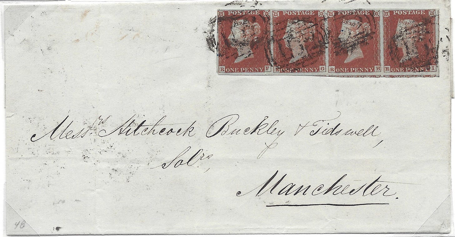 1844 folded letter with 4 one penny postage stamps