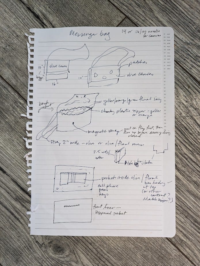 Piece of paper ripped out of a spiral bound notebook. On it, there are hand-written and hand-drawn notes for what I wanted the messenger bag to look like. There are notes about size and color and pocket placement. There were a lot of changes from these early sketches to the final bag, but really it's exactly what the initial vision was.