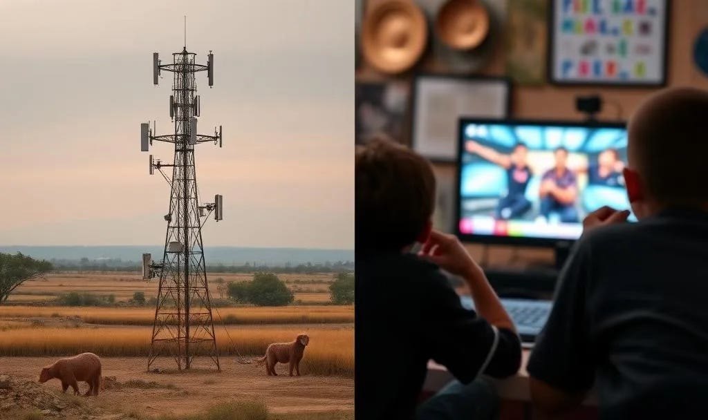 Split image showing a radio transmission tower in a rural field with grazing cattle on the left, and children watching educational content on a laptop in a home setting on the right Split image showing a radio transmission tower in a rural field with grazing cattle on the left, and children watching educational content on a laptop in a home setting on the right