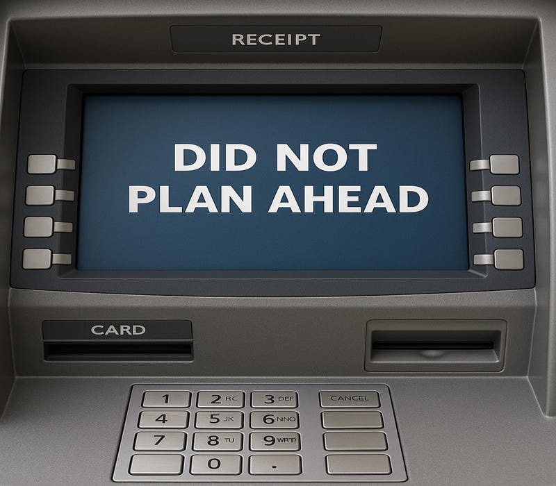 ATM error screen reading ‘DID NOT PLAN AHEAD,’ symbolizing a startup running out of cash due to poor financial planning. ATM error screen reading ‘DID NOT PLAN AHEAD,’ symbolizing a startup running out of cash due to poor financial planning.