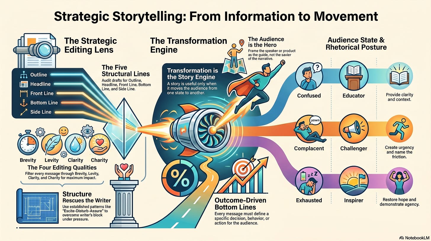 Infographic showing strategic storytelling moving from information through transformation to audience action