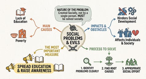 Three AI-generated mind maps of the same handwritten page, side by side. ChatGPT's colored node diagram on the left, Claude's flow-style SVG in the center, and Gemini's bold infographic layout on the right, each organizing "Social Problems and Evils" content differently.