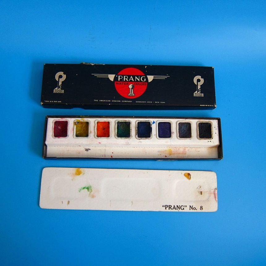 Vintage Prang Watercolor Set No. 8 - 1950s 60s retro artist paint art supplies tools painting by amccahon on Etsy https://www.etsy.com/listing/495904792/vintage-prang-watercolor-set-no-8-1950s 60s Retro, Art Tools, Artist Paint, Antique Art, Art Paintings, Cardboard, 1950s, Palette