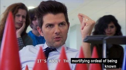 IT'S ABOUT THE mortifying ordeal of being known Adam Scott Amy Poehler Parks and Recreation Ben Wyatt Forehead