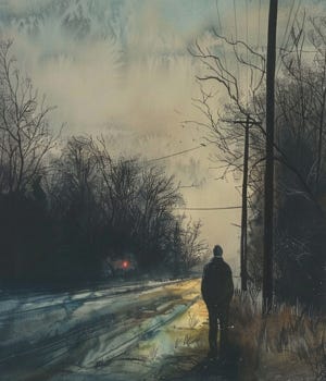 vintage editorial watercolor illustration of a lone figure standing at a tree line on a rural road at dusk, composed, already facing forward, faint emergency lights in the distance, muted neutrals, cream paper texture