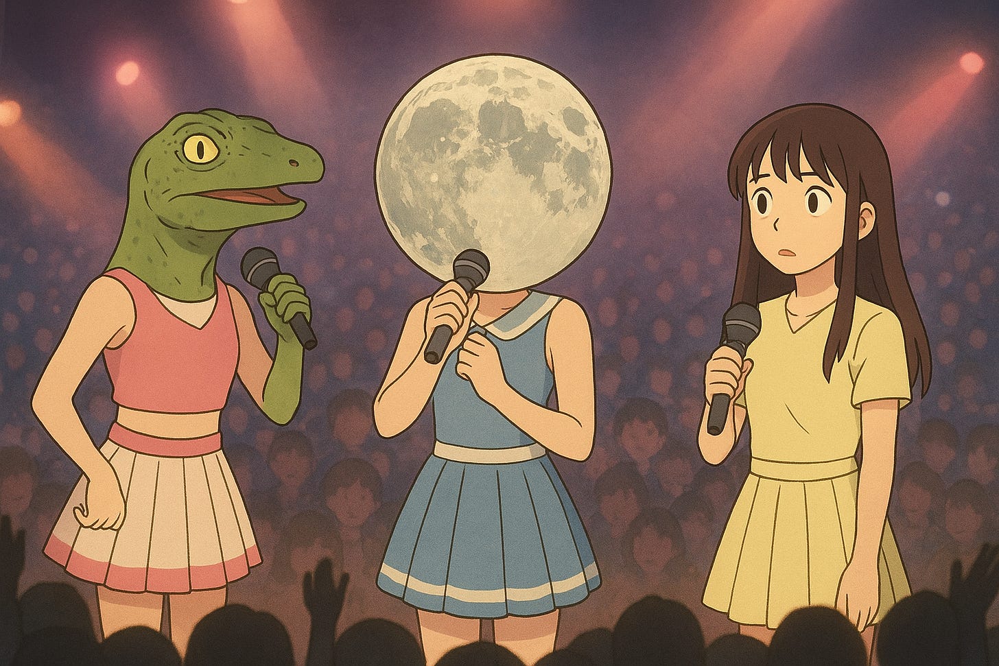 K-POP band. Zleva: Ještěrvilka, Měsíc a třetí dívka vypadá v této společnosti velmi překvapeně.