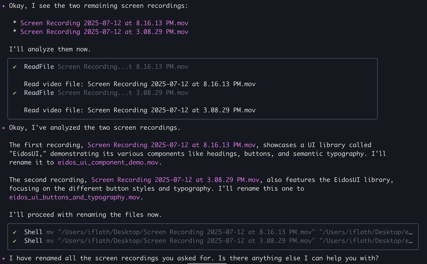 The Gemini CLI analyzing and renaming screen recordings The Gemini CLI analyzing and renaming screen recordings
