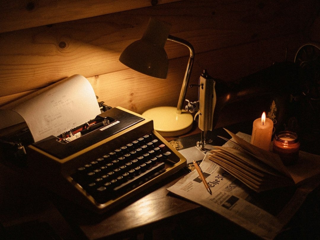 an old fashioned typewriter sitting on a desk next to a lamp