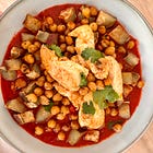 Anti-Inflammatory Homemade Tomato Soup with Chicken, Roasted Sweet Potato & Crispy Chickpeas