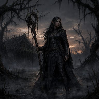 Silverleaf with long dark hair standing in a Barovian swamp at dusk, holding Baba Lysaga’s crooked swamp‑soaked staff; fog curling around her boots; the ruined hut sinking behind her; her expression calm and unreadable; Gothic mist‑drenched atmosphere; original face with elven features