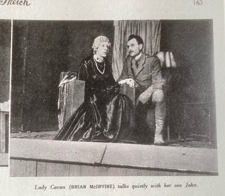 Detail from a page of weekly journal The Sketch, 22 March 1944: Two men on a makeshift stage in a WWII prison camp. One wears a white wig and evening dress, the other an approximation of an early 20th century military uniform. The caption reads: Lady Cavan (Brian McIrvine) talks quietly with her son John