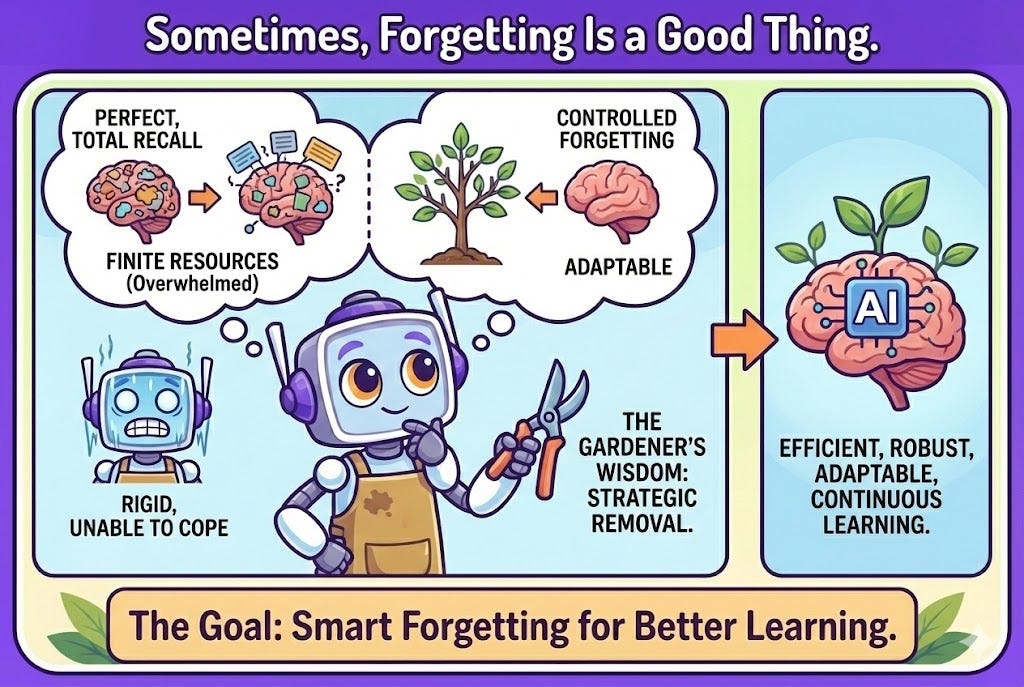 Infographic titled "Sometimes, Forgetting Is a Good Thing," illustrating the benefits of controlled forgetting in AI. It compares "perfect, total recall" which leads to an overwhelmed and rigid system, with "controlled forgetting" which leads to an adaptable one. A robot character with pruning shears promotes "The Gardener's Wisdom: Strategic Removal," pointing to a final panel that shows a healthy, growing AI brain described as "Efficient, Robust, Adaptable, Continuous Learning." The bottom banner reads "The Goal: Smart Forgetting for Better Learning."