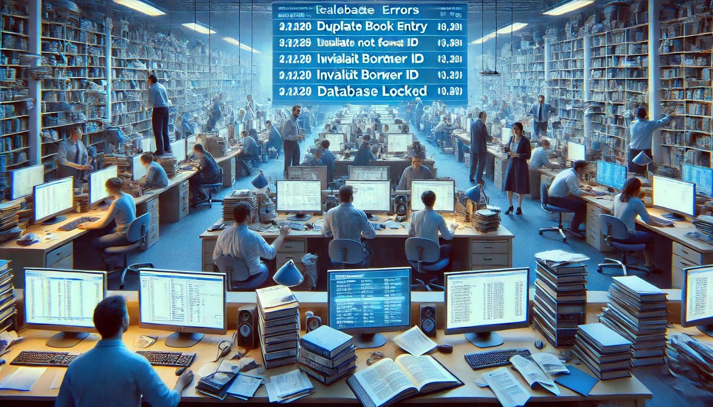 Chaotic library scene with administrators handling multiple database errors under pressure. 