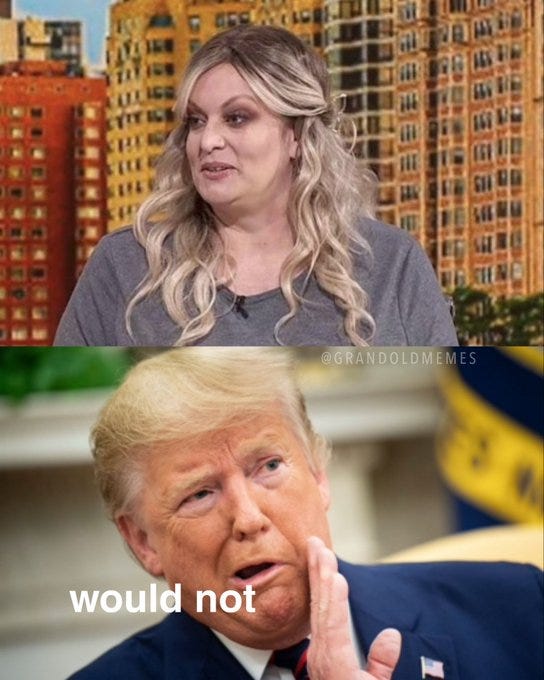 Upper half displays a blonde woman with wavy hair pinned back, wearing a gray top, seated in a studio with large windows showing tall brick buildings and a city skyline behind her, her face showing a neutral to concerned expression with pursed lips. Lower half features a man with blonde combed hair in a dark blue suit and tie, looking sideways with a thoughtful expression, index finger touching his cheek, yellow text overlay reads would not across the bottom.