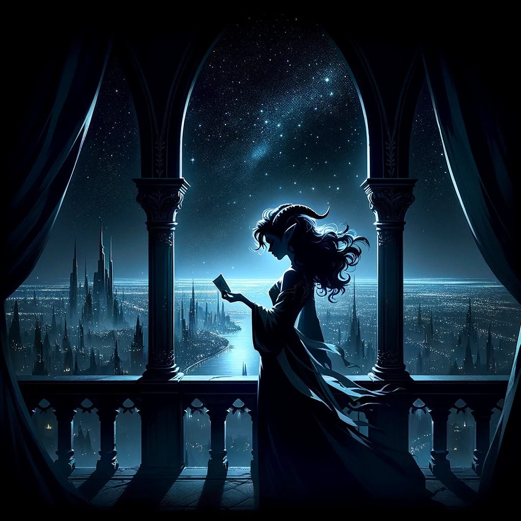 A silhouette of Seraphina, a tiefling woman, on a high balcony overlooking the sprawling city of Mirrormere at night. The scene captures her solitude and emotional weight. The city below is a maze of lights and shadows. Seraphina stands alone, her deep blue hair flowing in the night breeze, and her distinct tiefling horns are silhouetted against the starry sky. In her hands, she holds a small, faded photograph, barely visible in the moonlight. Her posture is one of reflection and sorrow, under a canopy of stars, highlighting the loneliness and introspective nature of the moment.