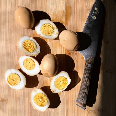 Bonito used in egg dashi, eggs halved, eggs chopped