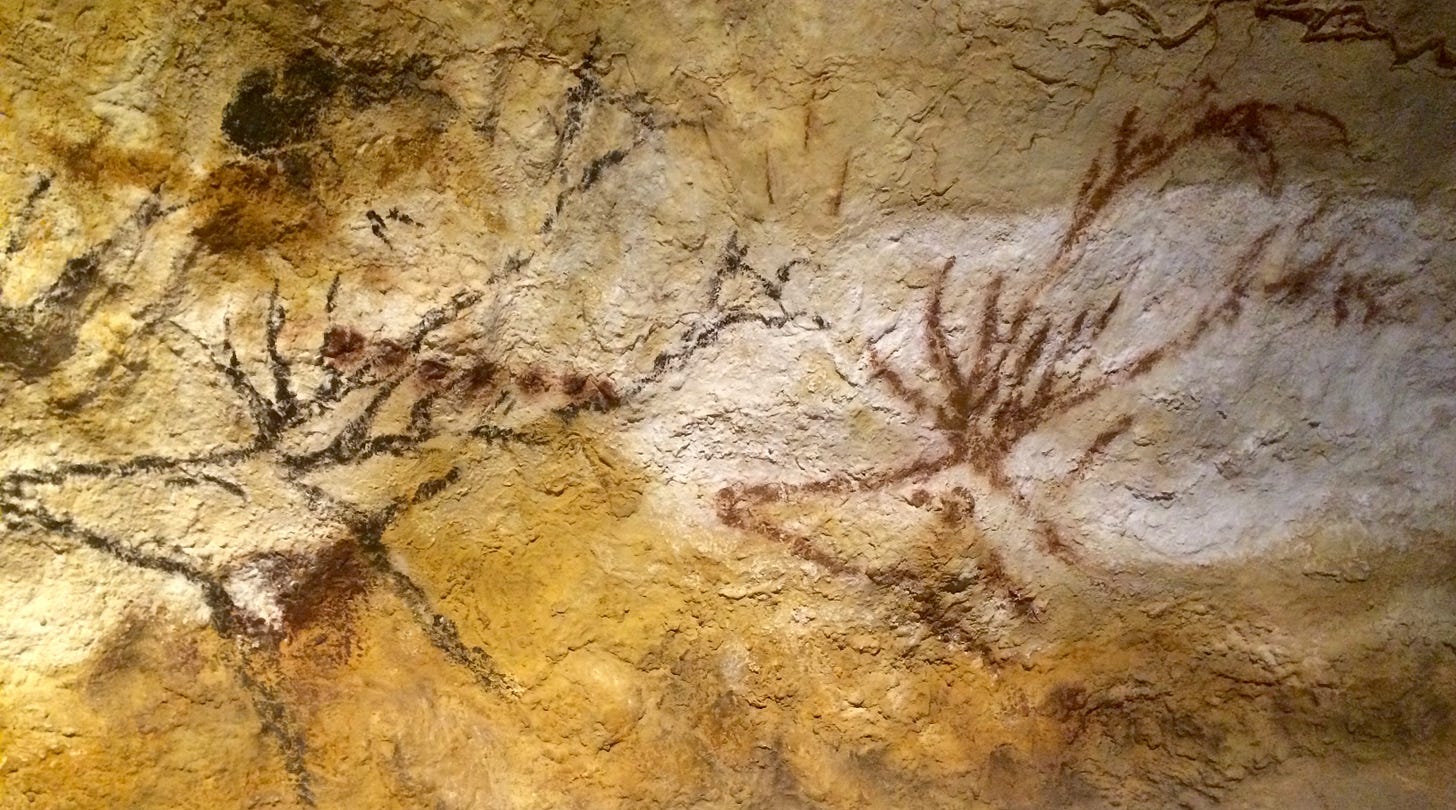 Red deer cave paintings from Lascaux with red dots Red deer cave paintings from Lascaux with red dots